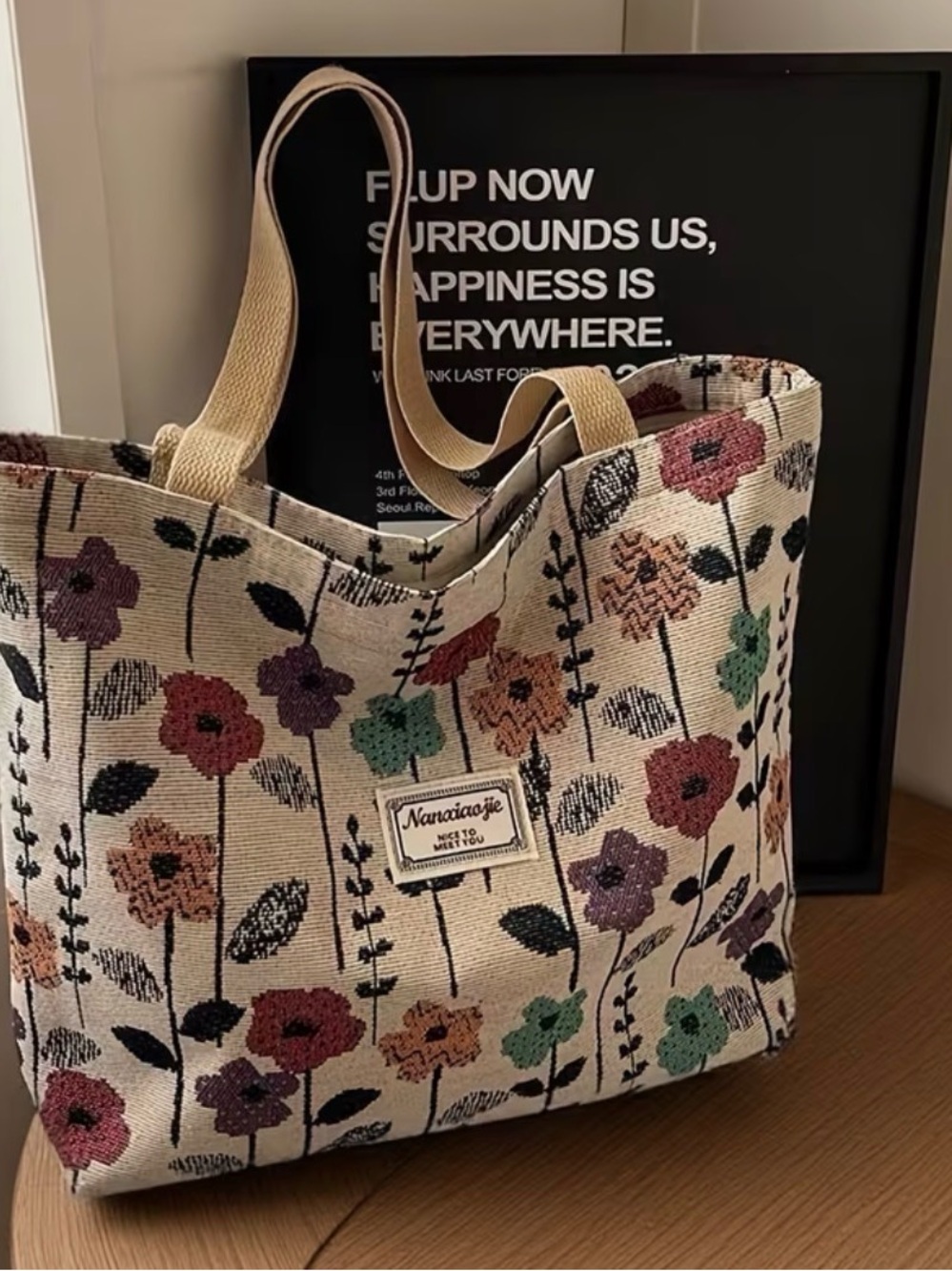 Floral Canvas Tote Bag in Beige with Multicolor Flowers